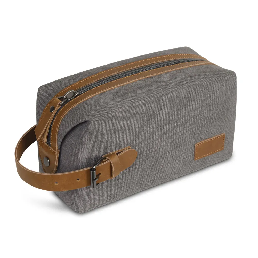 trousse de maquillage rétro de grande capacité, toile portable avec coutures en cuir de cheval fou pour hommes et femmes