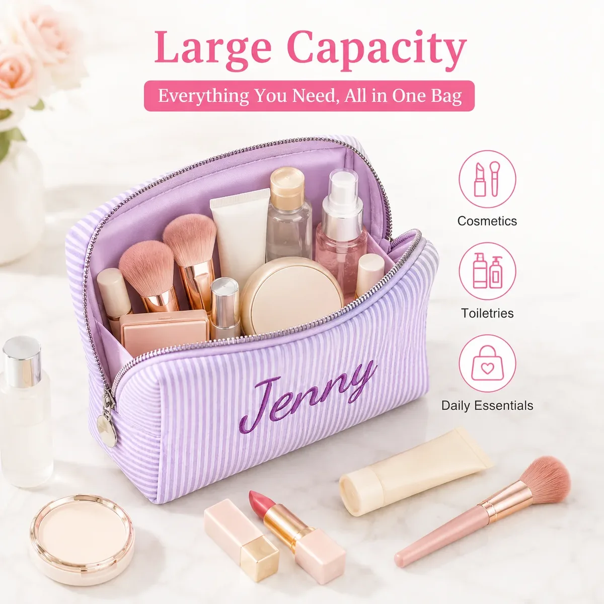 trousse de maquillage personnalisée avec nom pour femmes, pochette cosmétique rayée avec fermeture éclair, sac de rangement personnalisé pour articles de toilette de voyage