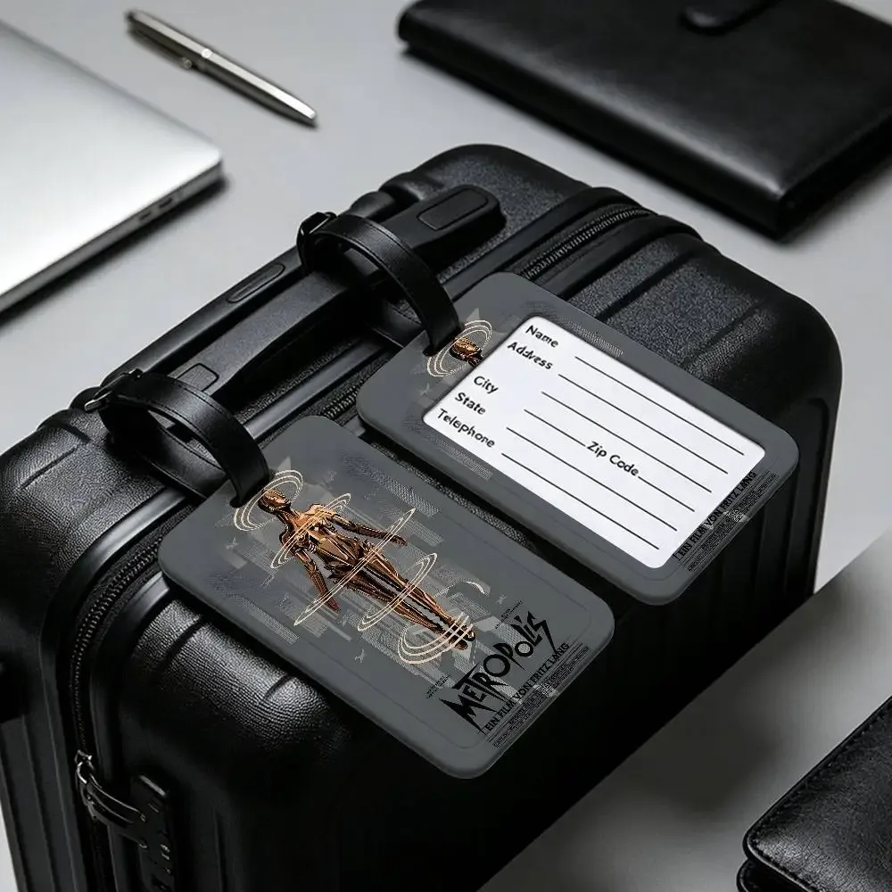 étiquette de bagage en pvc légère anti-perte, style rétro années 80, inspirée du film metropolis (allemagne), avec pochette amovible pour carte d'information, pour sac à dos