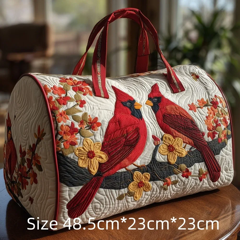 sac de voyage matelassé 3d vintage tendance, imprimé floral oiseau cardinal, sac de week-end, de sport ou de plage durable, sac fourre-tout pour femme