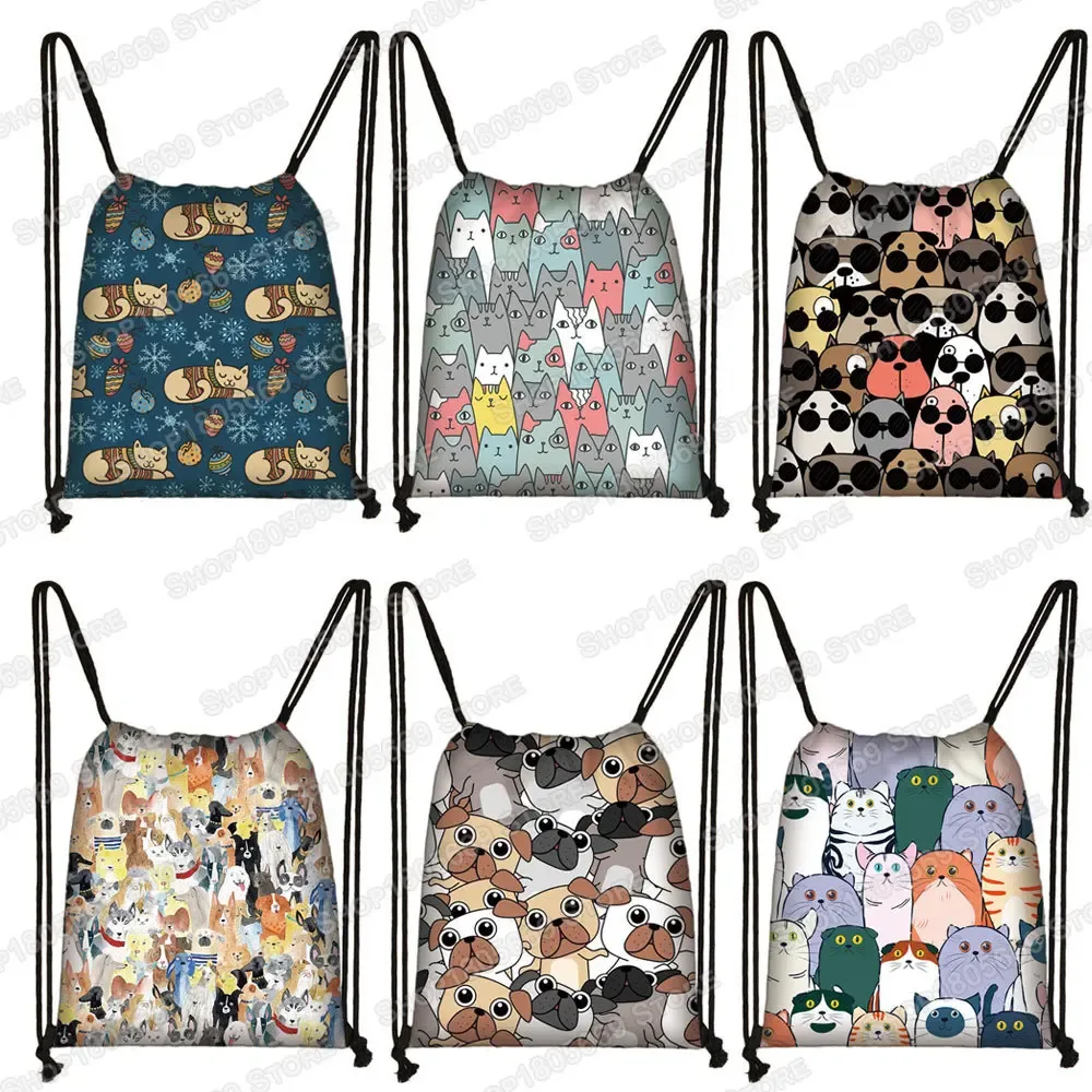 Kawaii dessin animé chien chat sac à dos femmes sacs à cordon toile sac à bandoulière pour voyage filles sac à dos sacs de rangement porte-chaussures