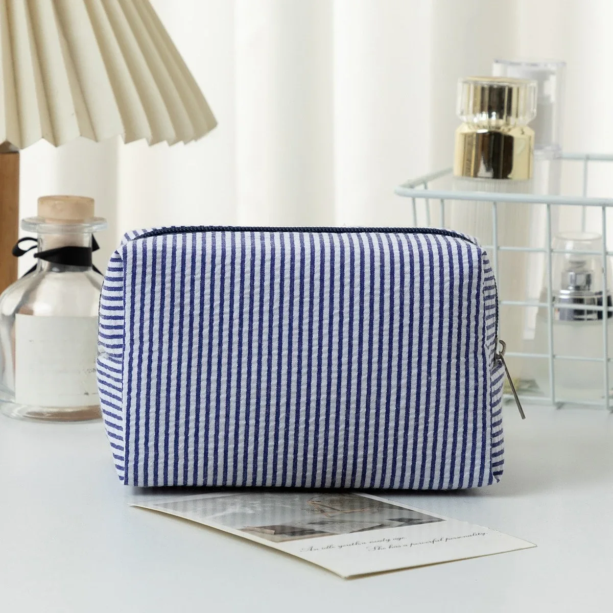 sac à cosmétiques rayé pour femmes, organisateur de maquillage de voyage à la mode, pochette de toilette portable à fermeture éclair pour filles
