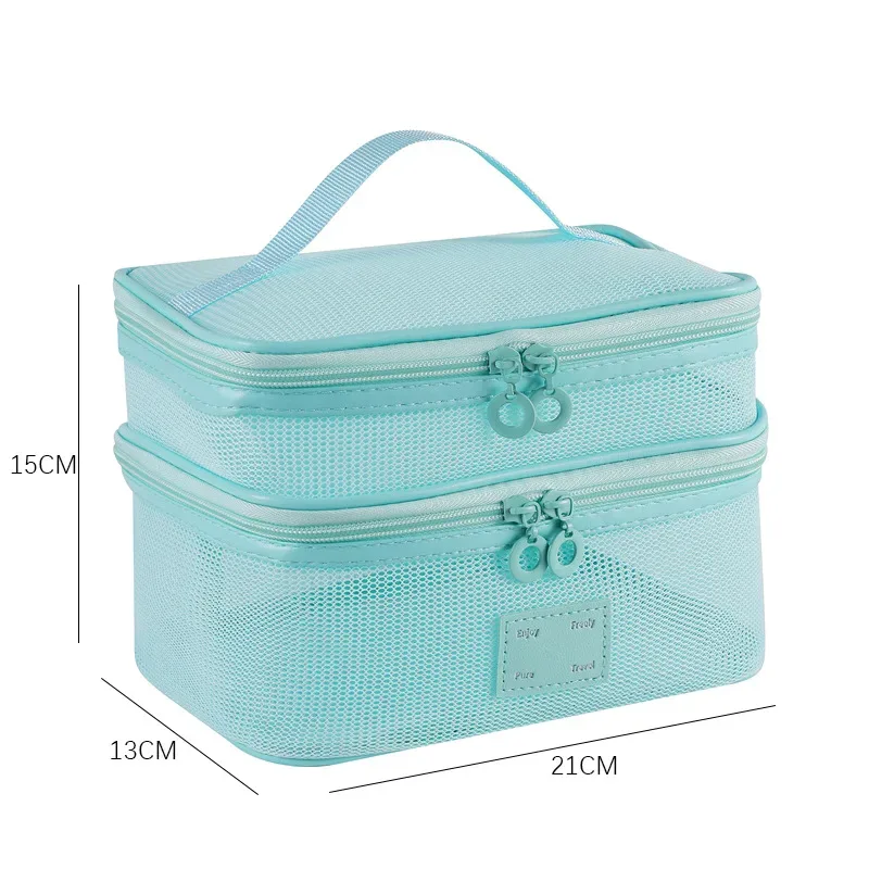 organisateur de toilette transparent de grande capacité, pochette de rangement cosmétique portable pour femmes, sac à maquillage respirant en maille