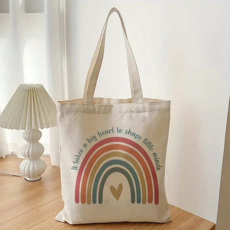 sac fourre-tout à motif arc-en-ciel, sac à bandoulière en toile décontracté, sac fourre-tout de rangement pliable réutilisable, sac de courses, cadeau pour les enseignants