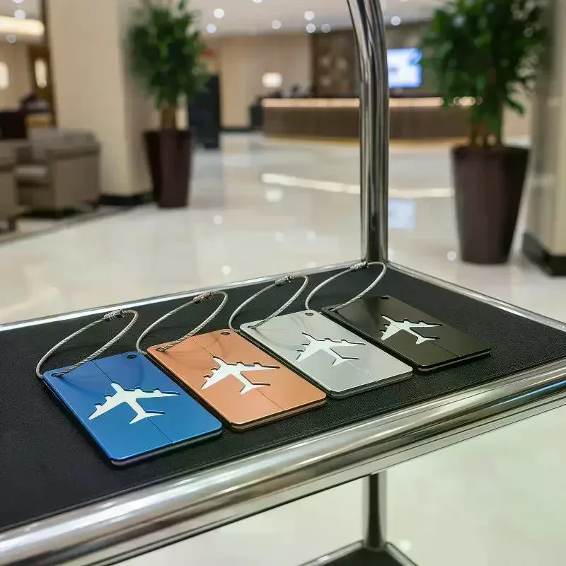 étiquette de bagage en alliage d'aluminium pour avion, anti-perte, avec porte-carte d'identité, couleur unie, accessoires de voyage