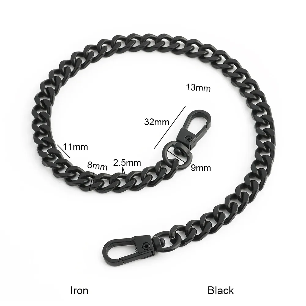 30/60/100/120cm noir mat placage fer plat 12mm léger chaîne sangle pour remplacement sac à main sac à bandoulière sac à main sangles
