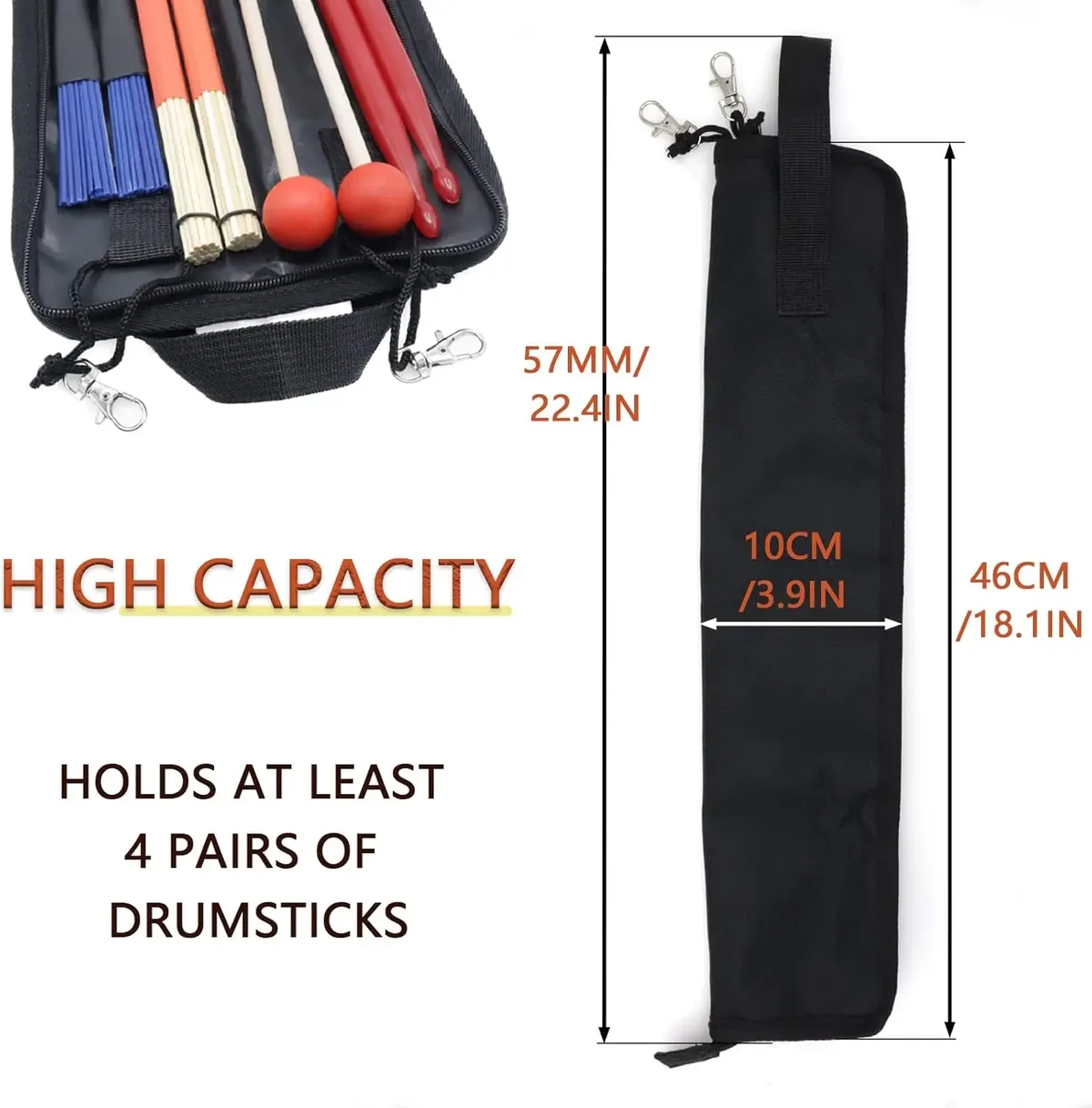 sac de transport pour baguettes de batterie - petite trousse de rangement avec crochets intégrés pour baguettes de batterie et de percussion
