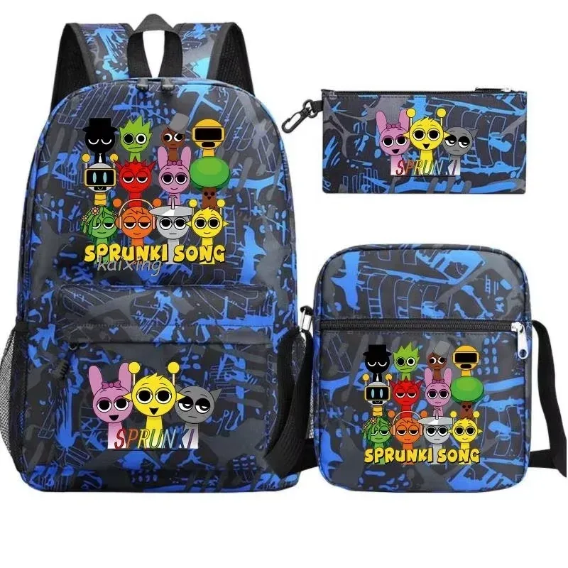 ensemble de 3 sacs à dos sprunki à imprimé anime, avec sac fourre-tout et pochette, grande capacité, léger et respirant, sac à dos décontracté tendance