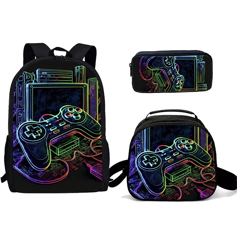 sac à dos tendance pour étudiants, imprimé 3d, 3 pièces/ensemble, avec sac à bandoulière, sac à déjeuner et trousse à crayons, pour ordinateur portable et console de jeux populaire