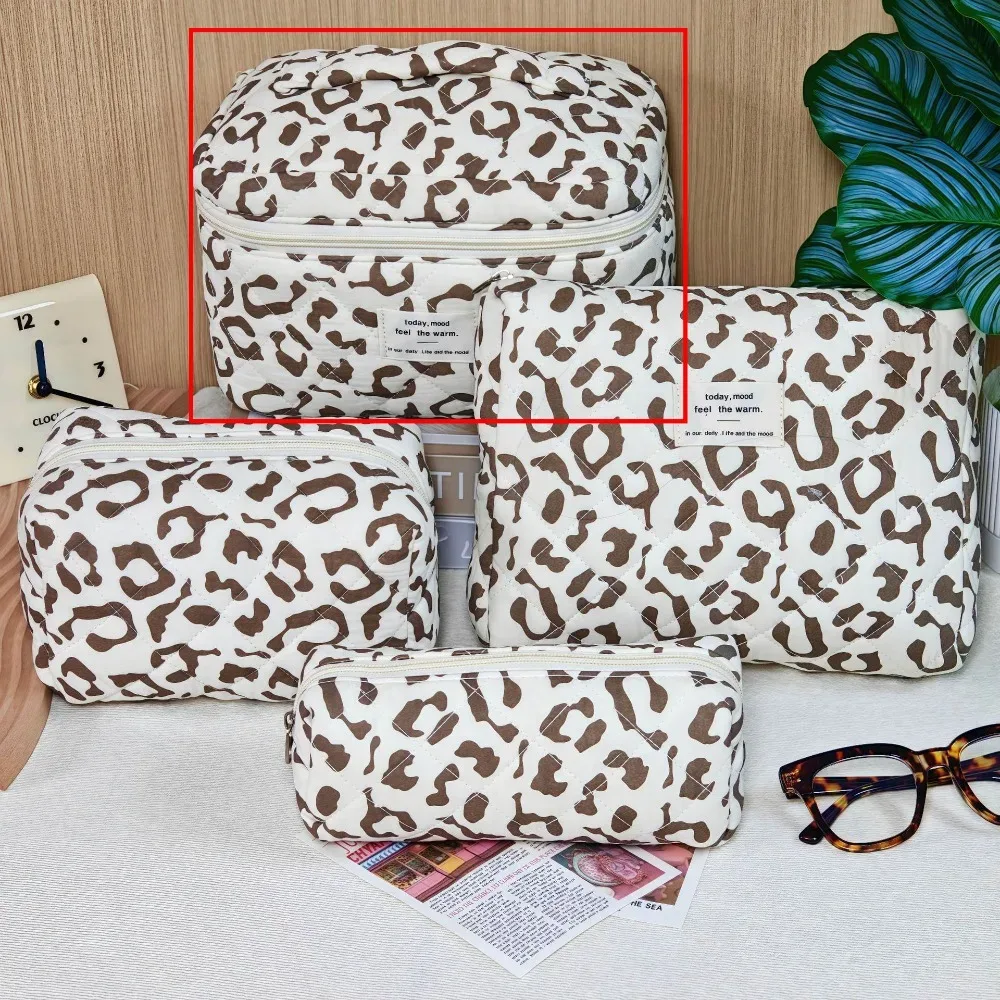 trousse de maquillage matelassée en coton grande capacité avec fermeture éclair, organisateur cosmétique imprimé léopard, sac de toilette portable
