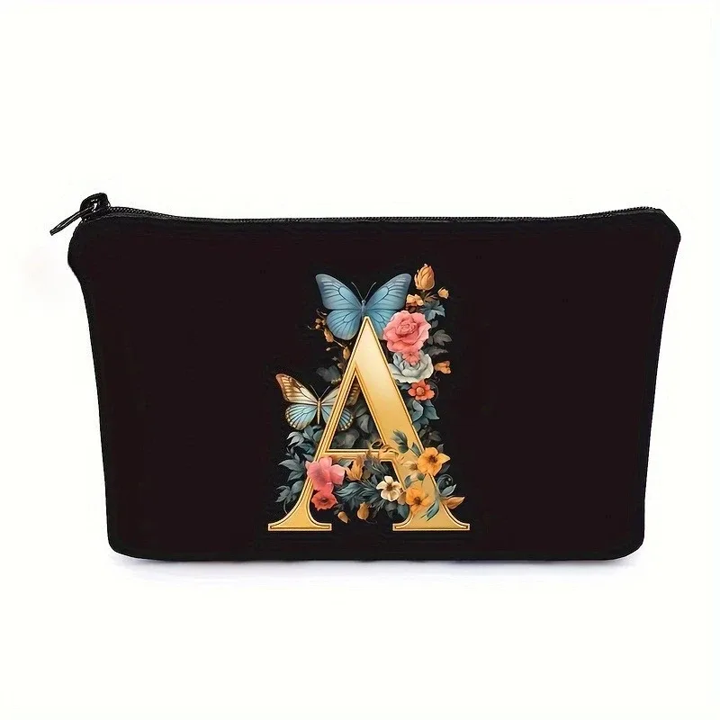 trousse de maquillage noire avec imprimés de 26 lettres de l'alphabet anglais, pochette à cosmétiques, sacs de rangement multifonctionnels