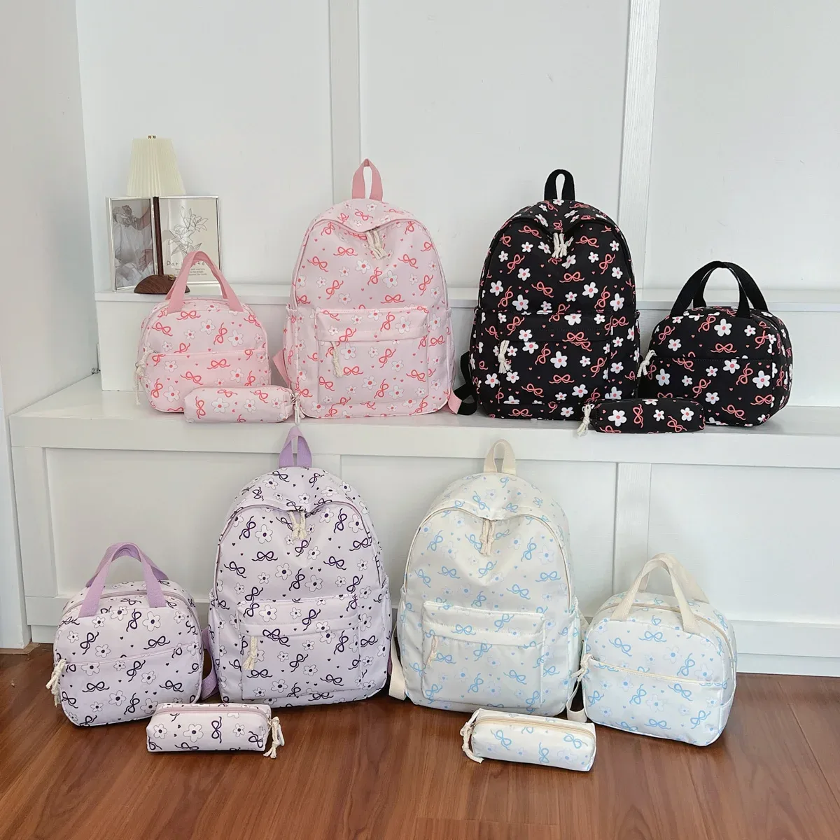 Sac à dos imprimé fleurs avec nœud, léger et multifonctionnel, ensemble de trois pièces, pour étudiants et campus – Collection High Beauty Sweet Cool