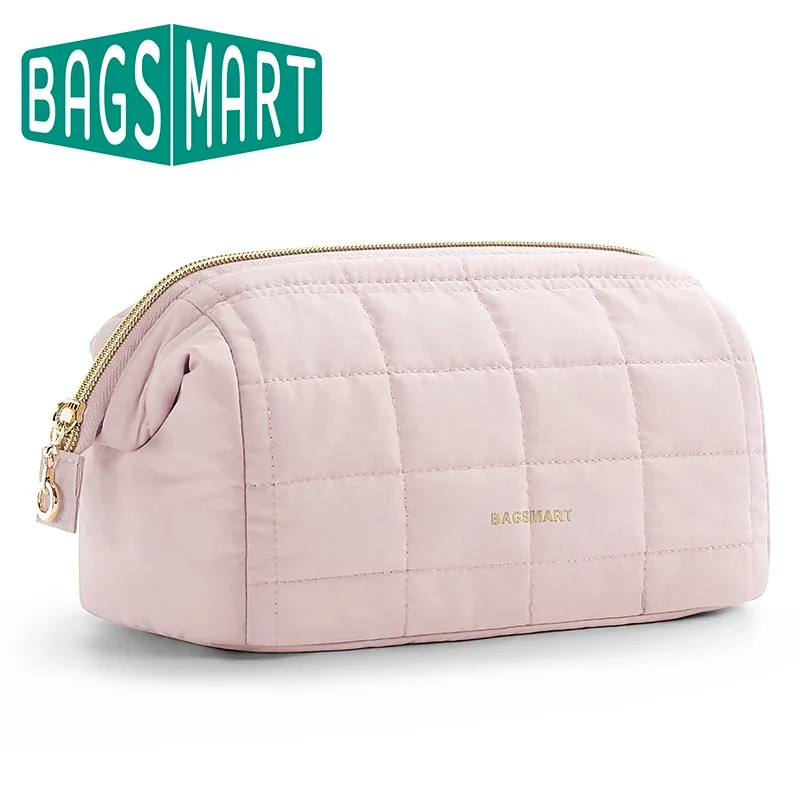 BAGSMART-Trousse de maquillage gonflée pour femme, trousse de maquillage rembourrée, trousse de maquillage, poudres larges ouvertes, trousse de toilette, essentiels de voyage