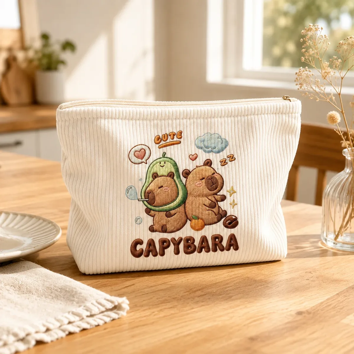 trousse de maquillage mignonne capybara en velours côtelé, grande capacité, pochette zippée pour femmes, organisateur de toilette de voyage, rangement beauté