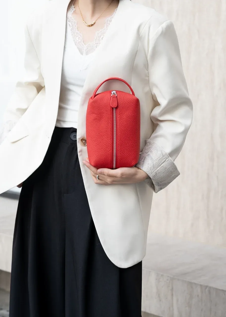 sac de maquillage en cuir véritable de haute qualité, sac à cosmétiques simple, étui de rangement de toilette pour femmes, pochette de rangement portable de voyage pour dames