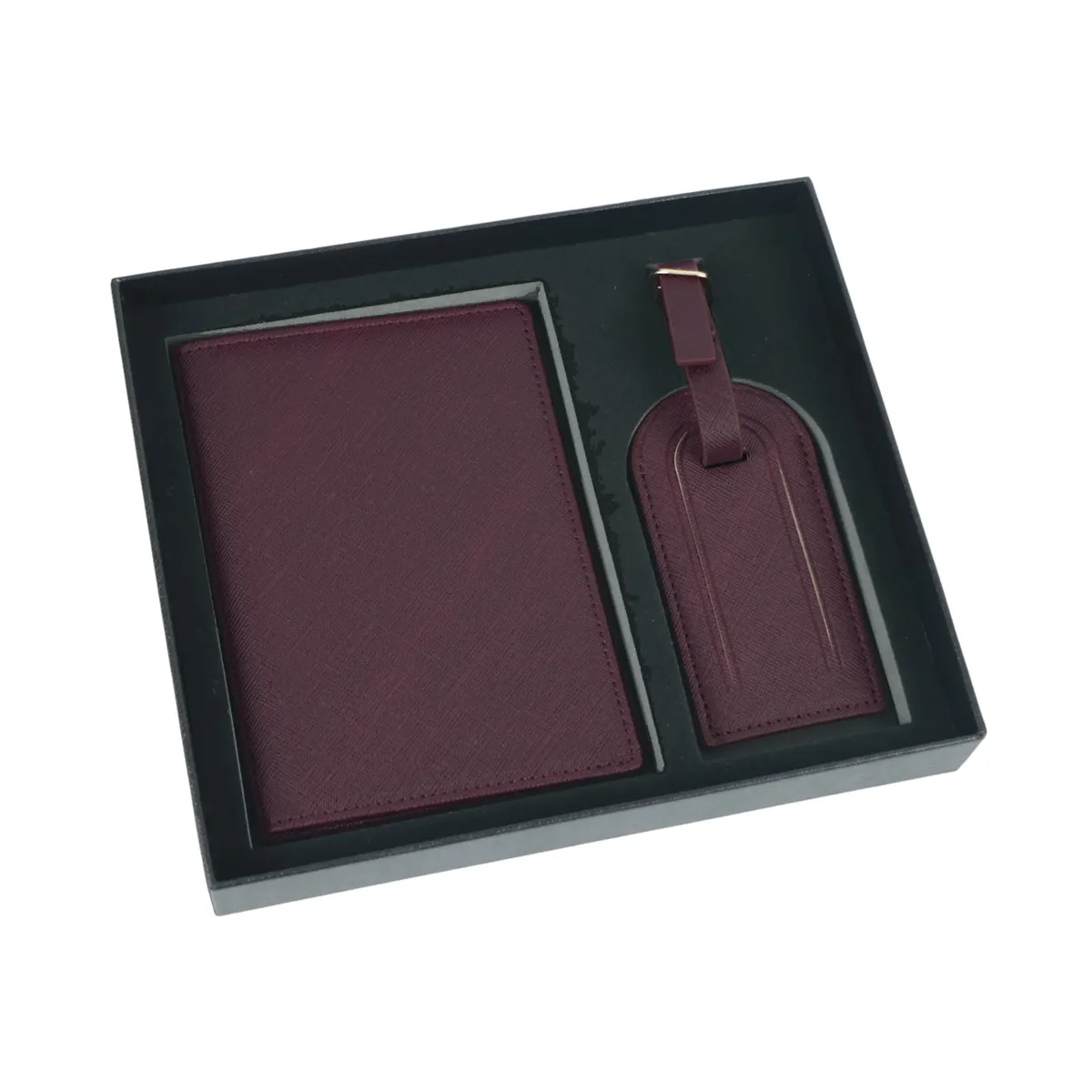 coffret cadeau avec lettres initiales monogrammées gratuites, porte-passeport en cuir saffiano, étiquette de bagage, couverture de passeport, accessoires de voyage