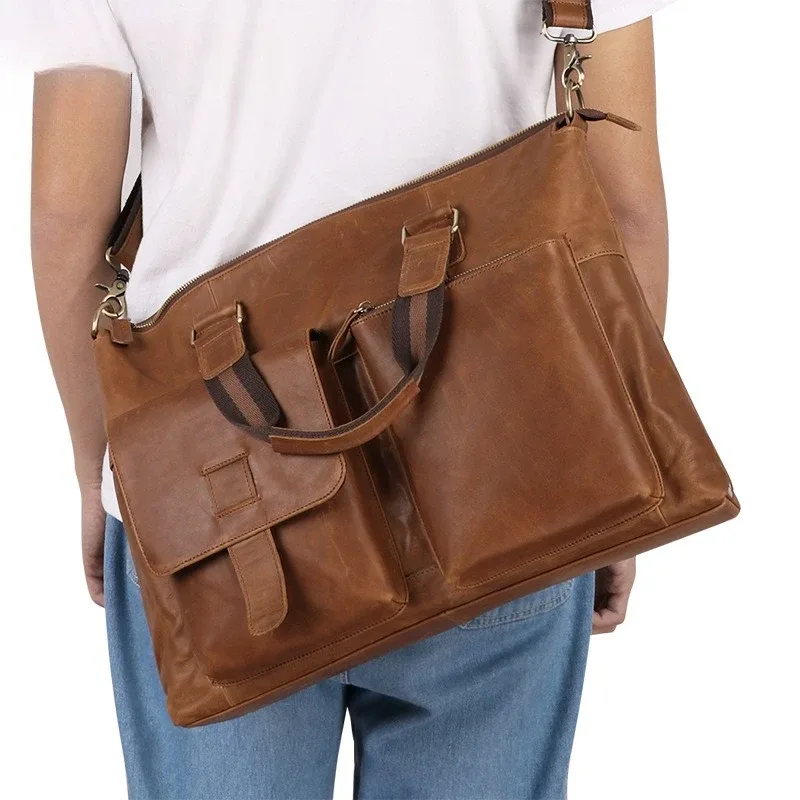 porte-documents d'affaires en cuir véritable pour hommes, sac pour ordinateur portable de 17 pouces, épaule horizontale, couche supérieure en peau de vache