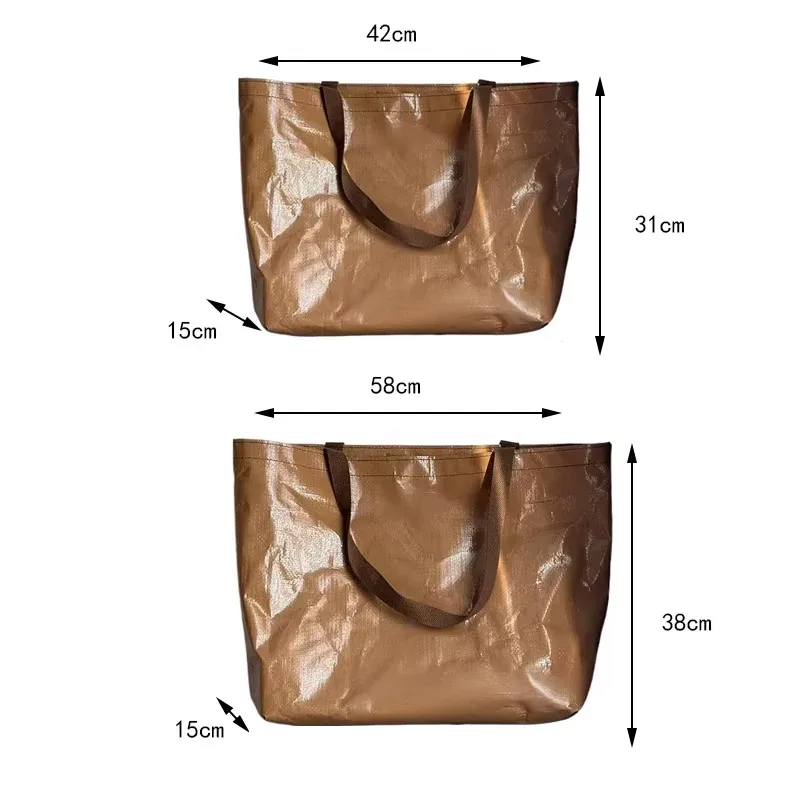 sac de courses étanche réutilisable, fourre-tout tissé pliable marron pour épicerie plage voyage organisateur de rangement sac à bandoulière léger