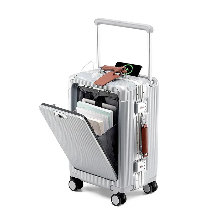 valise à roulettes de voyage d'affaires multifonctionnelle avec cadre en aluminium à ouverture frontale de 20 pouces, serrure à combinaison et poignée télescopique large