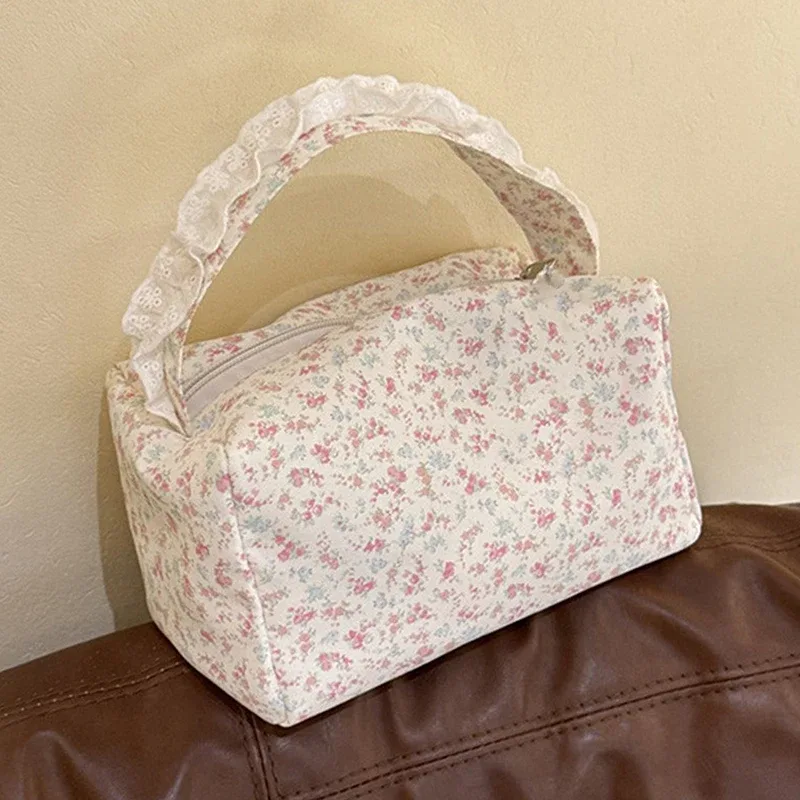 sac de maquillage portable à imprimé floral mignon, petit format, grande capacité, sac de toilette de voyage