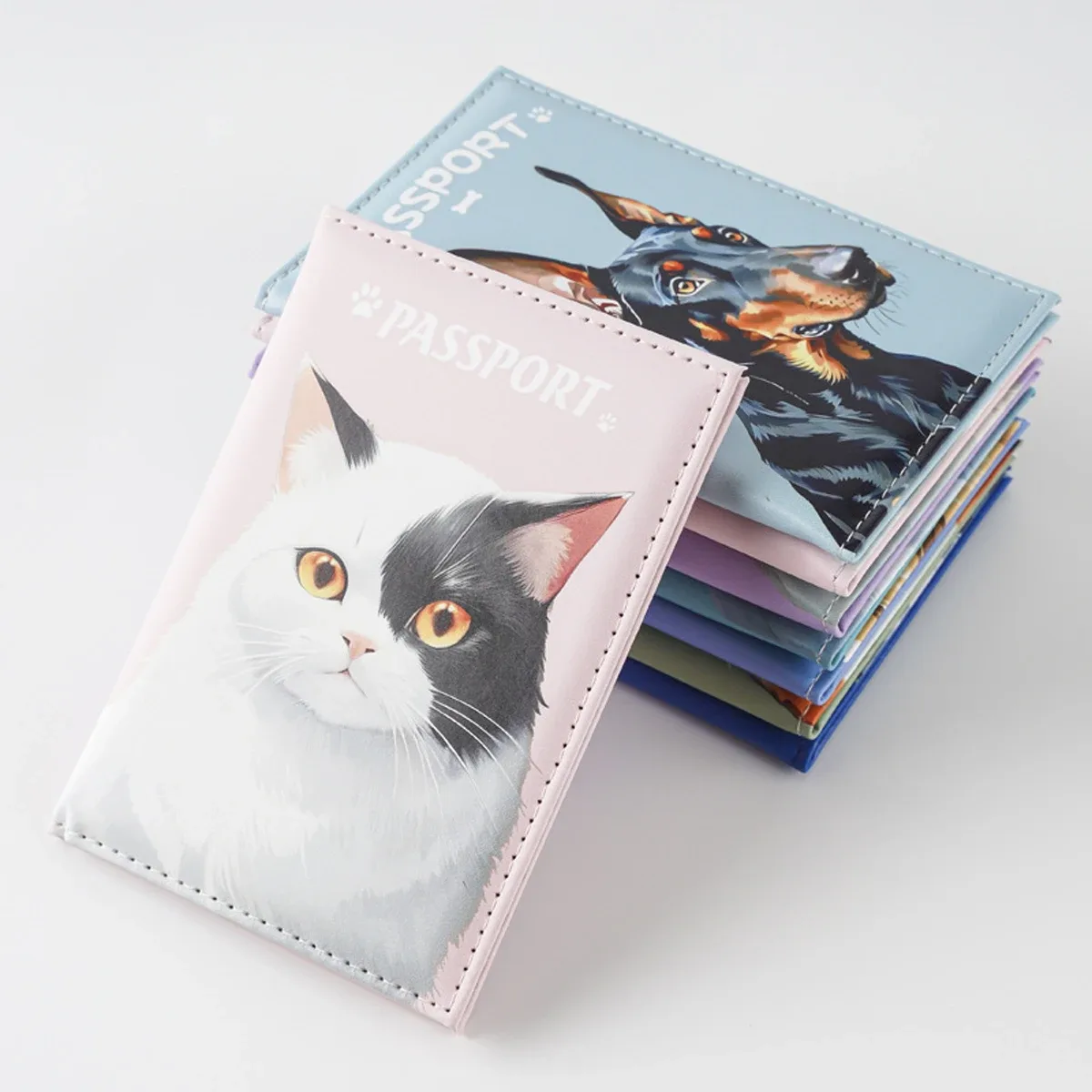 Clips de passeport chat chien mignon, porte-passeport imprimé dessin animé en cuir PU, porte-documents de voyage, housse de protection pour billets aériens