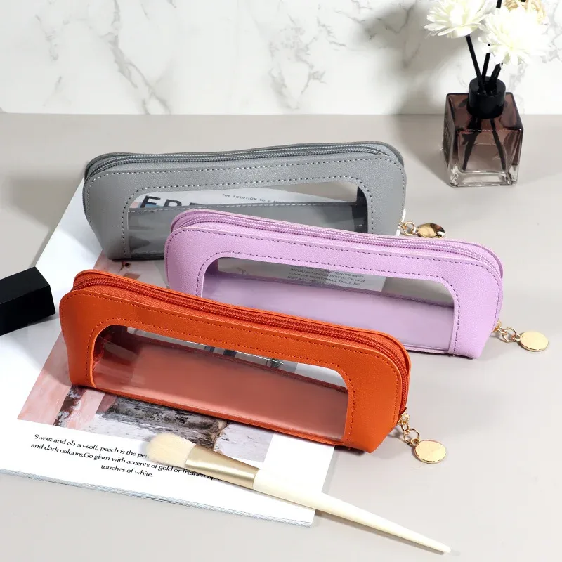 trousse à crayons en pu, portable, étanche, transparente, sac à cosmétiques, fermeture éclair, sac de rangement pour pinceaux de maquillage, pochette d'organisation d'articles divers