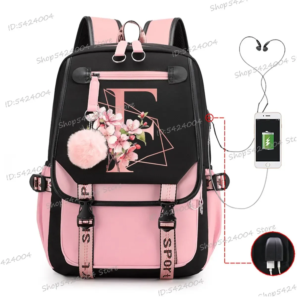 collège étudiants sacs d'école rose sakura lettres r mode voyage sac à dos adolescentes noir rose cartable a-z dessin animé cartable