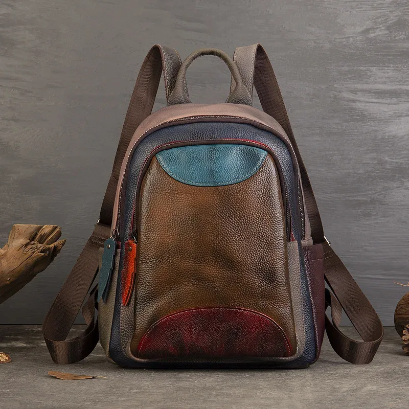 sac à dos vintage en cuir véritable pour femme, patchwork, sacs à bandoulière en cuir de vache véritable, mode dames, fourre-tout de voyage