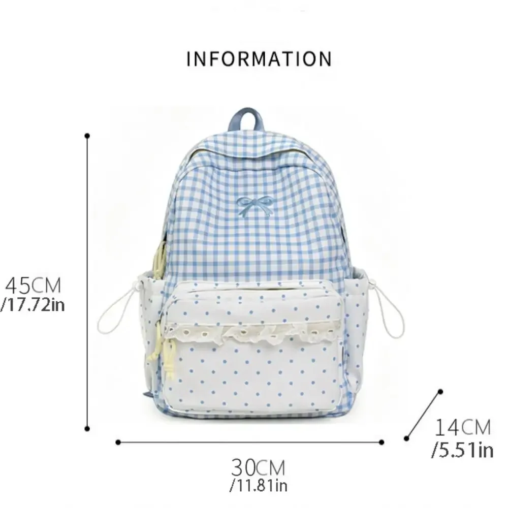 sac à dos tendance à pois, avec nœud, minimaliste, léger, grande capacité, bordure en dentelle, idéal pour les trajets quotidiens.