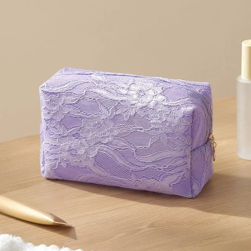 trousse de maquillage en maille de dentelle pour femmes, sac de rangement de cosmétiques et de bijoux de grande capacité, trousse de toilette carrée portable à fermeture éclair