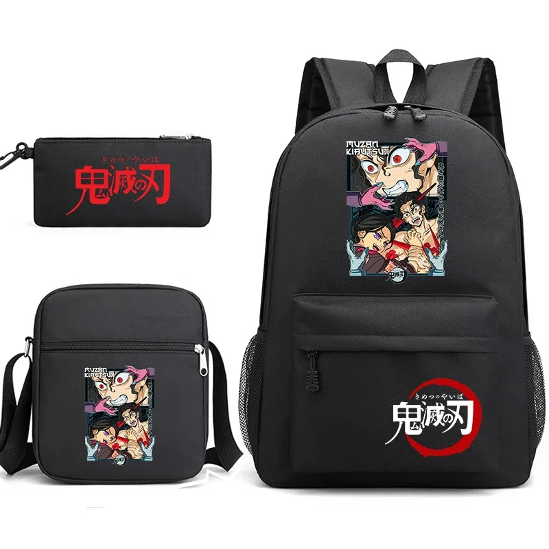 ensemble de sacs à dos d'école imprimés demon slayer, 3 pièces, avec sac à bandoulière, trousse à crayons pour garçons et filles