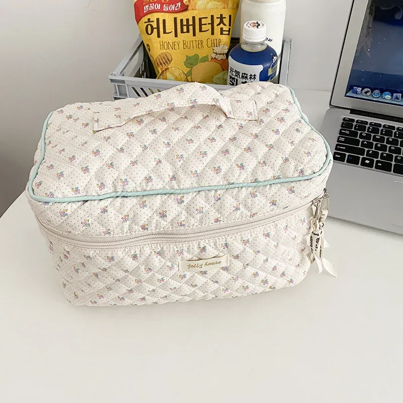 sac de maquillage en coton matelassé pour femmes, mignon, organisateur de cosmétiques à fermeture éclair, sac à main en tissu féminin en forme de boîte, trousse de toilette portable pour filles