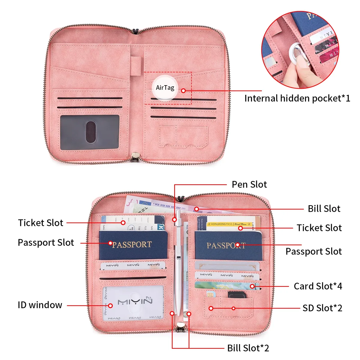 porte-passeport multifonctionnel antivol rfid pour femme, sac de rangement portable à fermeture éclair, porte-passeport avec poche cachée pour airtag