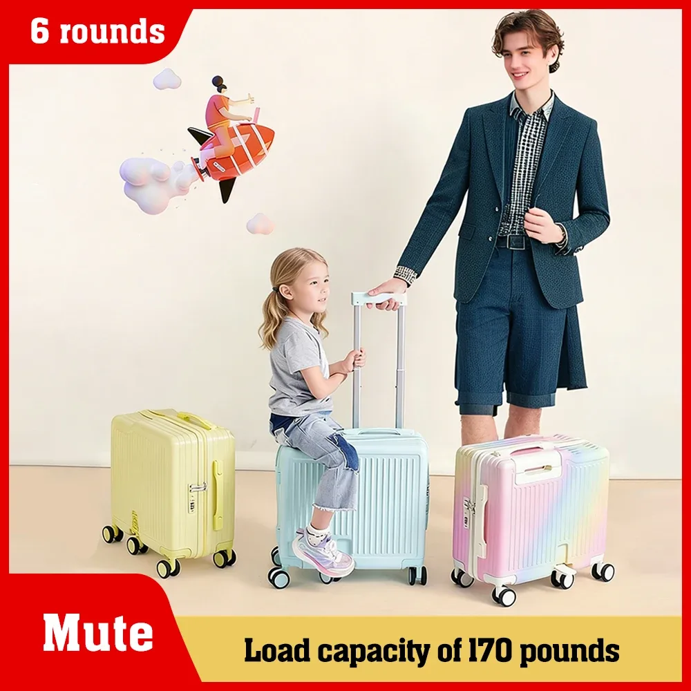 valise à roulettes 18 pouces, bagage cabine portable, 6 roues, fermeture éclair, verrouillable, avec siège intégré pour enfants