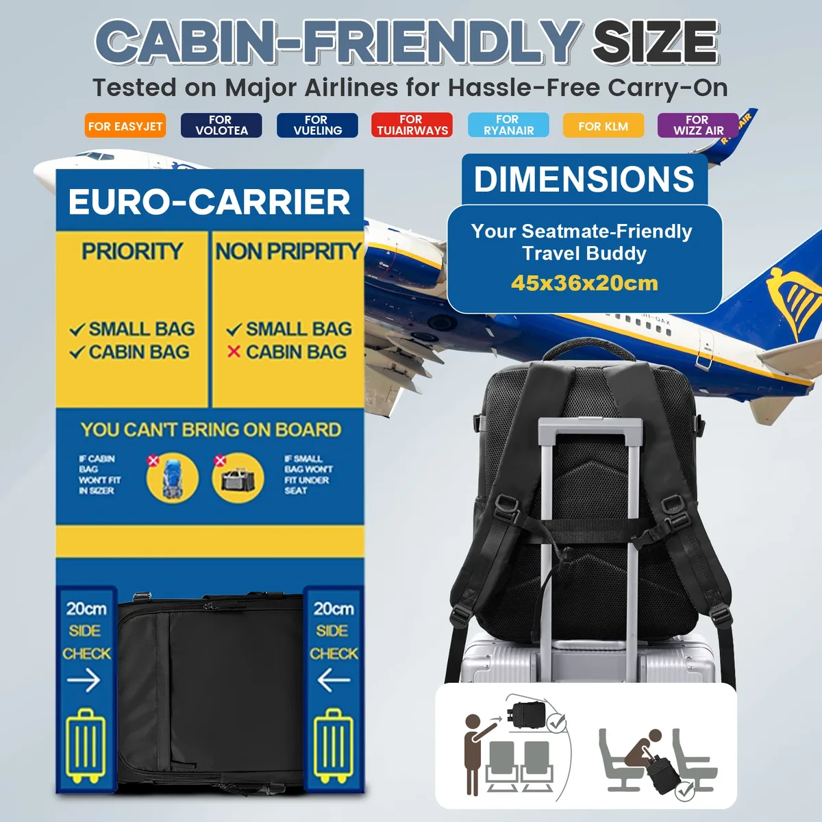 sac à dos sous vide, sac à dos de voyage pour cabine d'avion 45 x 36 x 20 pour bagages à main easyjet, sac de voyage pour ordinateur portable pour hommes et femmes