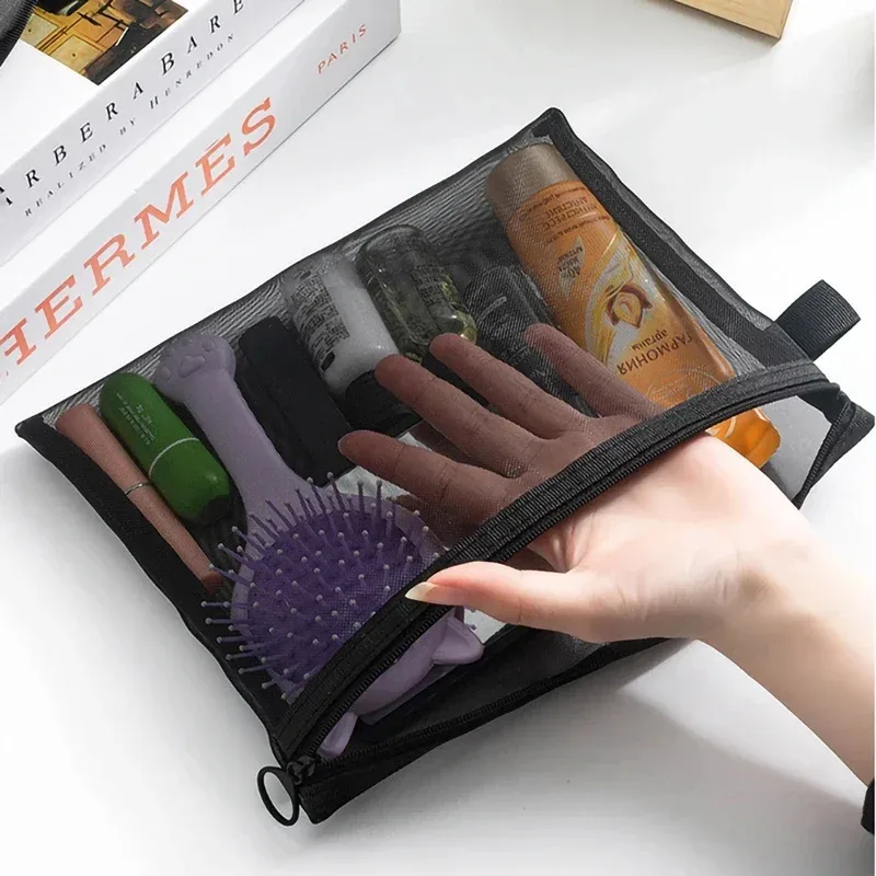 Sacs cosmétiques transparents en maille pour femmes, trousse de maquillage noire, trousse de toilette portable, organiseur de voyage, pochette de rangement pour rouge à lèvres, cadeau
