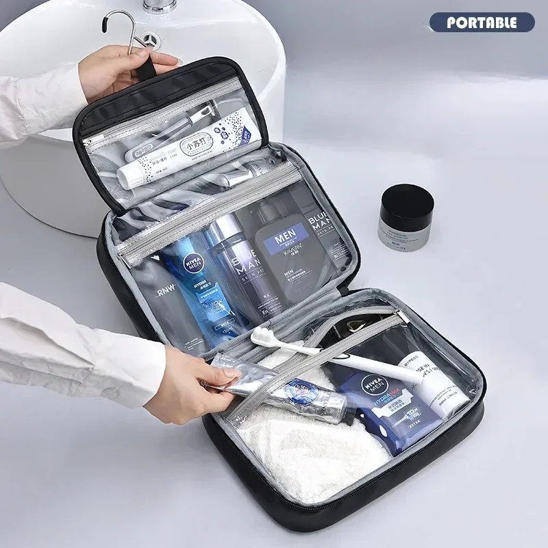 Sacs à cosmétiques pour hommes, essentiels de voyage, organisateur de cosmétiques, sac de rangement suspendu pliable, sac de maquillage de luxe transparent et étanche