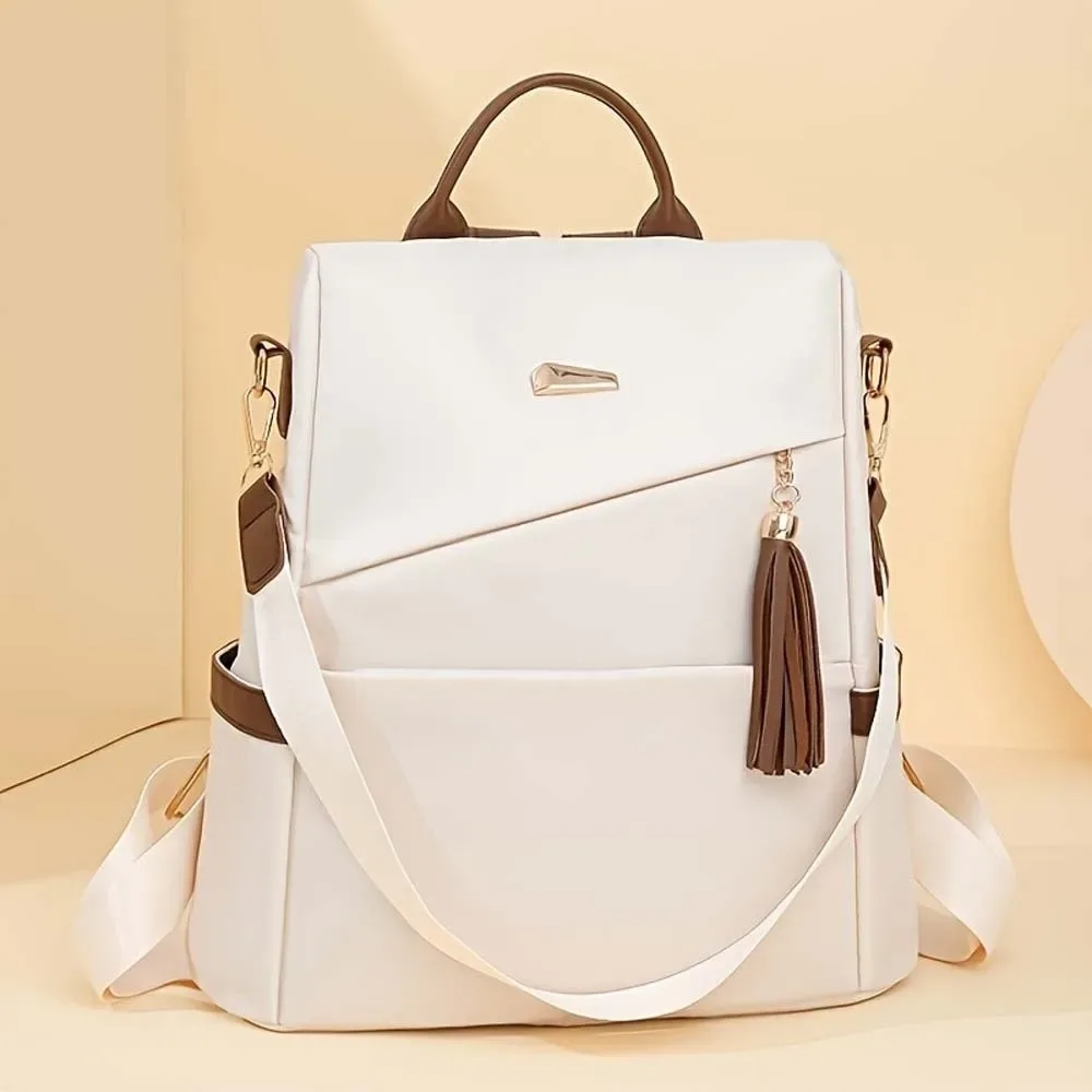 sac à dos en nylon de grande capacité pour femmes, multi-poches, doux au toucher, imperméable, couleur unie, avec pompon décoratif, sac à dos antivol