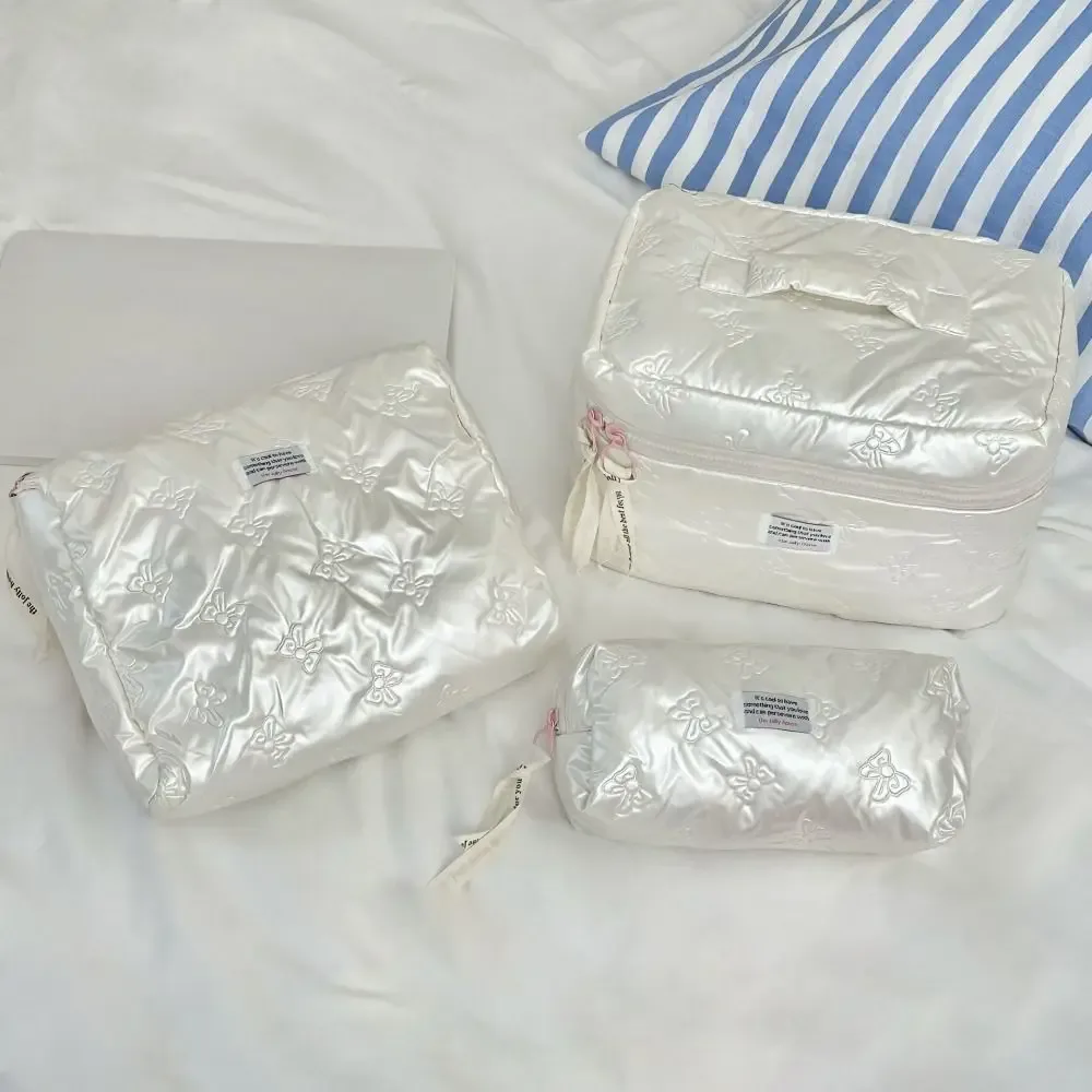 sac à cosmétiques élégant en pu avec décoration en nœud, compartiment de rangement, trousse de maquillage multifonction, trousse de toilette pour femmes