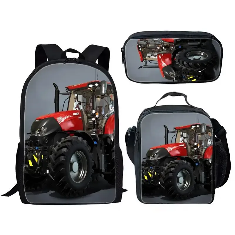 sac à dos tendance et populaire pour étudiants, motif simulateur d'agriculture avec tracteur imprimé en 3d, lot de 3 pièces : sac à dos pour ordinateur portable, sac à déjeuner et trousse à crayons