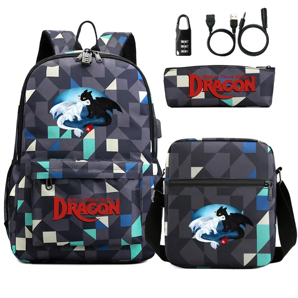 comment entraîner votre dragon 3 pièces usb antivol serrure garçon fille enfants retour à l'école livre sacs voyage sac à dos sac à bandoulière sacs à stylos