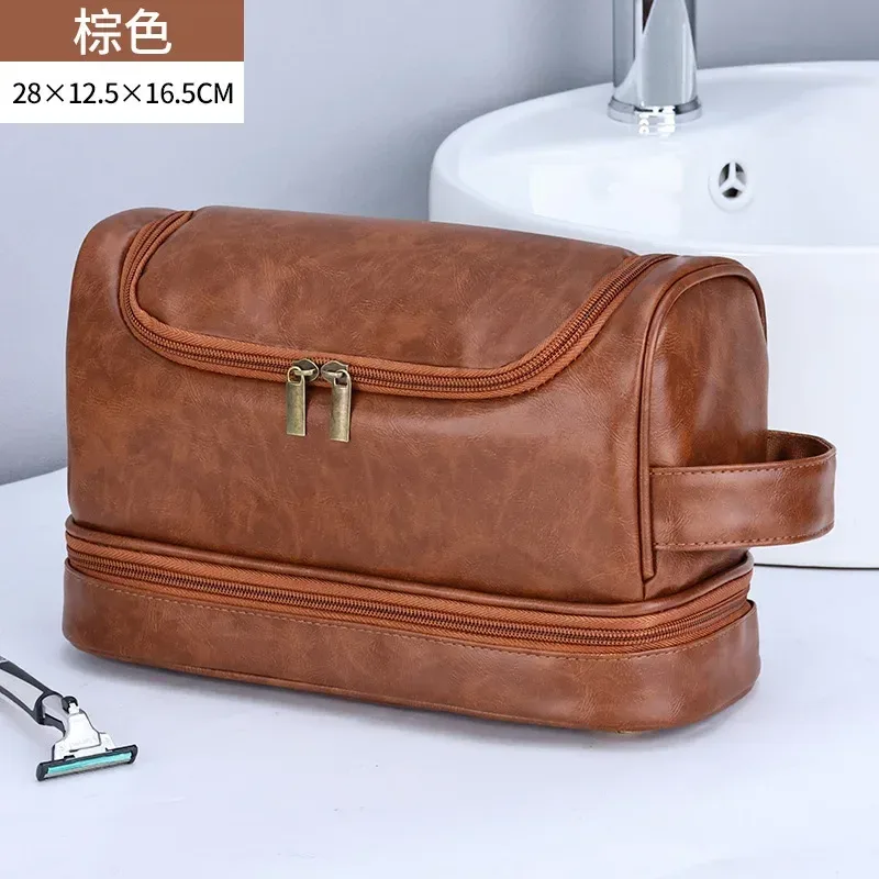 sac de maquillage suspendu de grande capacité, sac de lavage en cuir pu, sac à cosmétiques double couche pour hommes, organisateur essentiel de voyage, nouvelle collection 2024