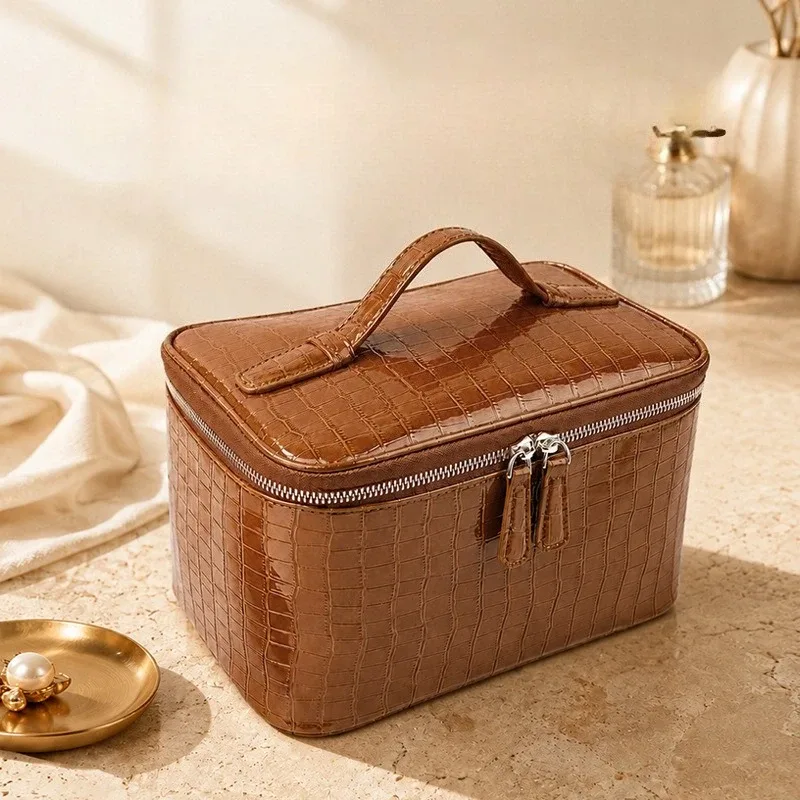 trousse de maquillage en cuir pu pour femme, grande capacité, boîte de voyage portable, organisateur de toilette à fermeture éclair, sac de rangement étanche