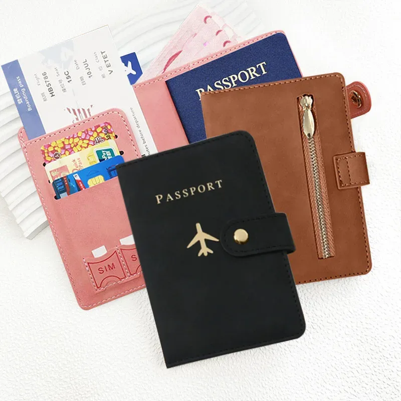 Porte-passeport en cuir PU imprimé avion pour hommes et femmes avec poche zippée et emplacement pour carte SIM, portefeuille pour documents de voyage