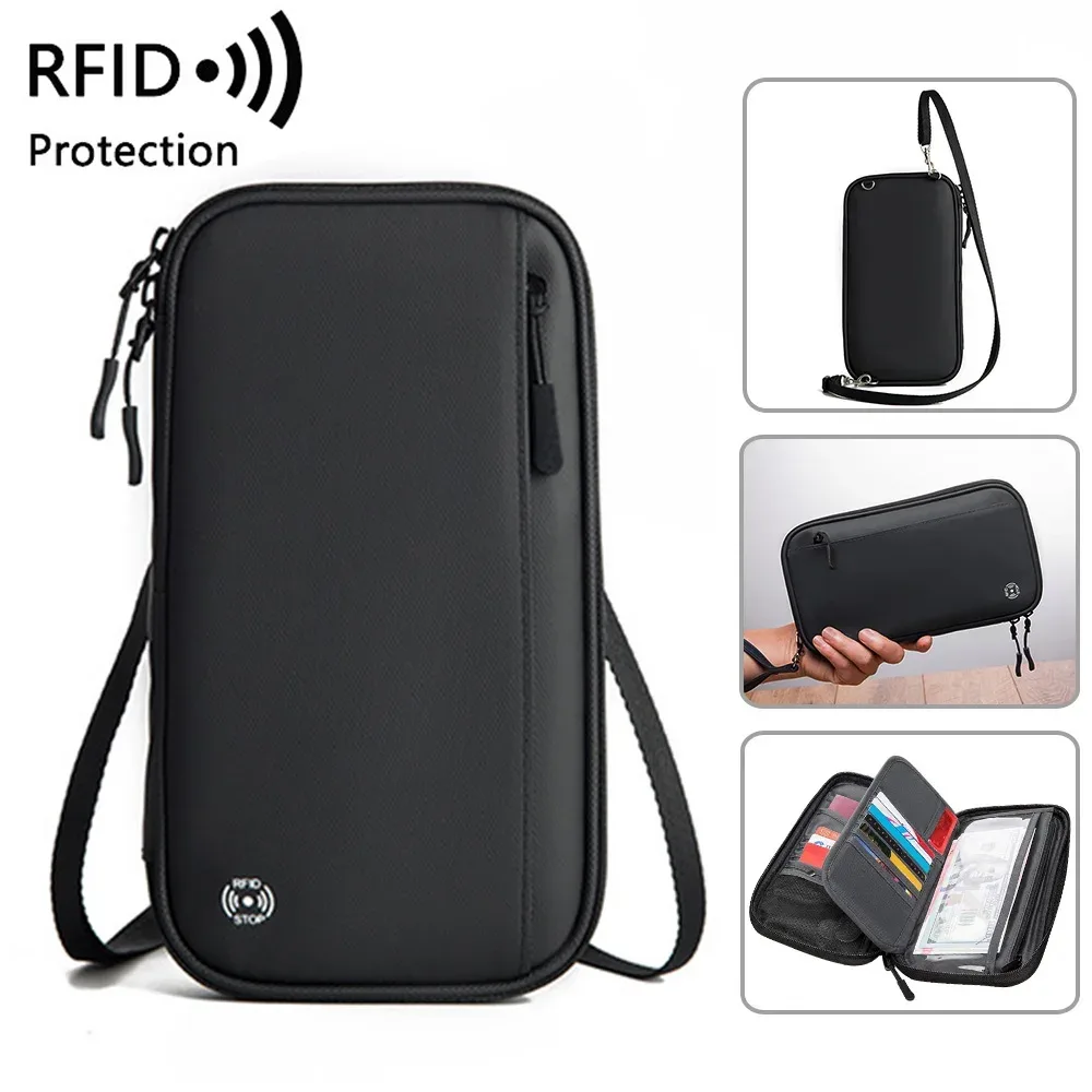 Couverture de passeport de voyage, portefeuille avec blocage RFID, porte-passeport familial, étanche, une épaule, sac à bandoulière