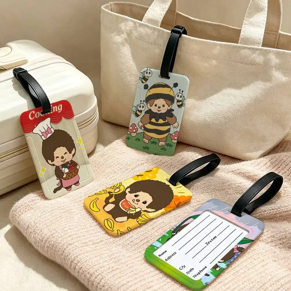 étiquette de bagage en pvc imperméable monchhichis avec carte d'information, étiquette d'identification anti-perte pour bagages et sacs d'école