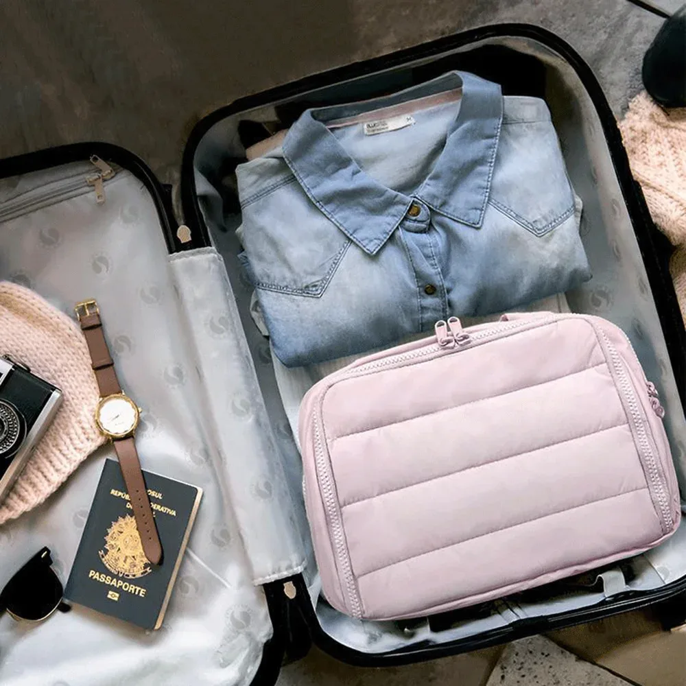 nouvelle trousse de maquillage de grande capacité, trousse de toilette portable, trousse à cosmétiques moelleuse à large ouverture, organisateur de voyage avec compartiments.