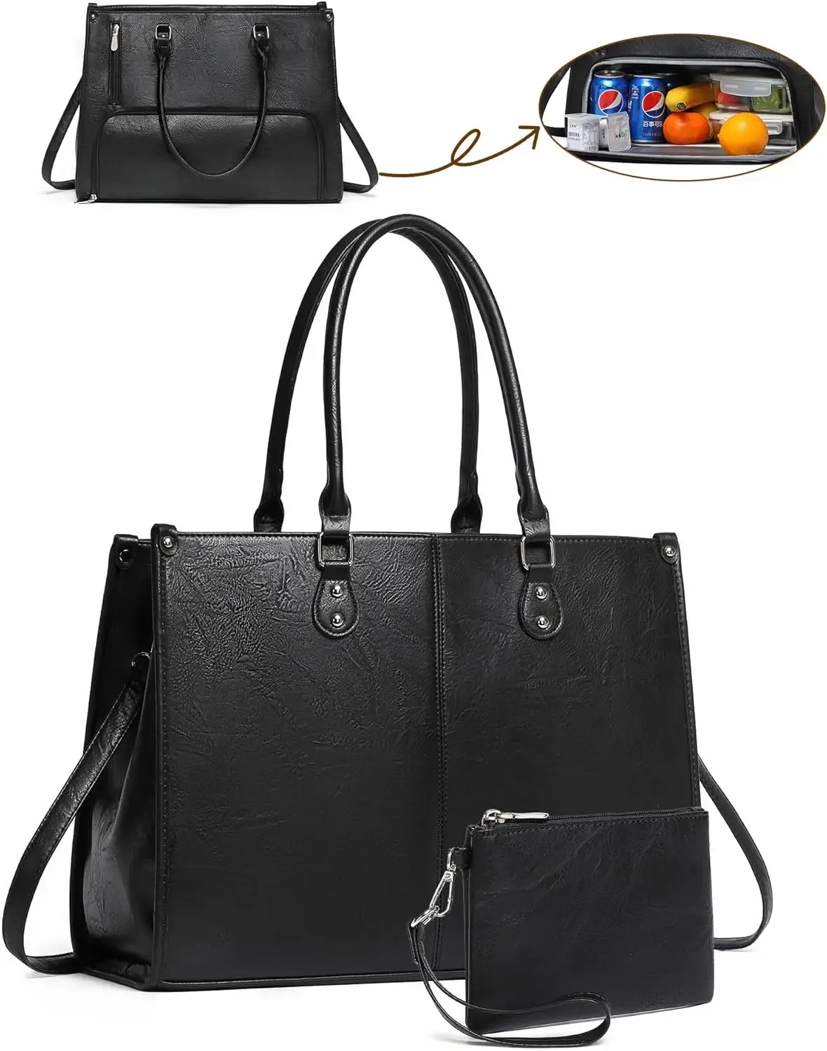 sac à main pour ordinateur portable 2 en 1 avec compartiment isotherme pour le déjeuner pour femmes au travail, sac à déjeuner en cuir pu avec compartiment pour ordinateur de 15,6 pouces