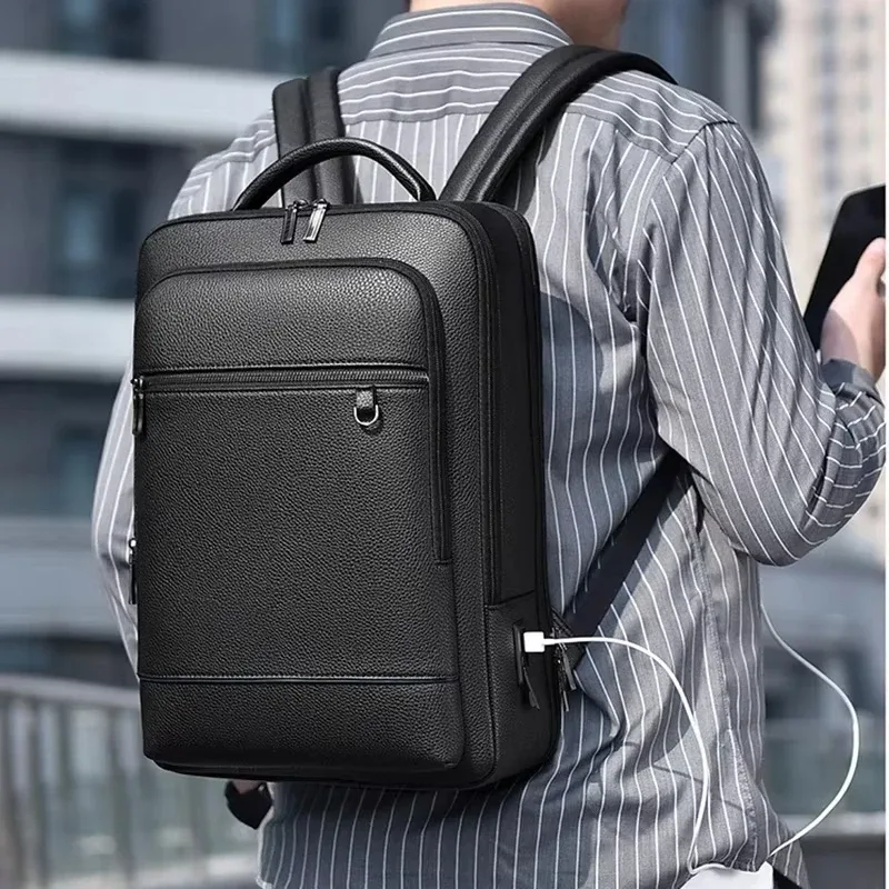 Sac à dos pour ordinateur portable 15.6 pouces pour hommes, sacoche en cuir PU, chargeur USB, sac à dos de direction, porte-documents, bureau, voyage, sac à bandoulière d'affaires