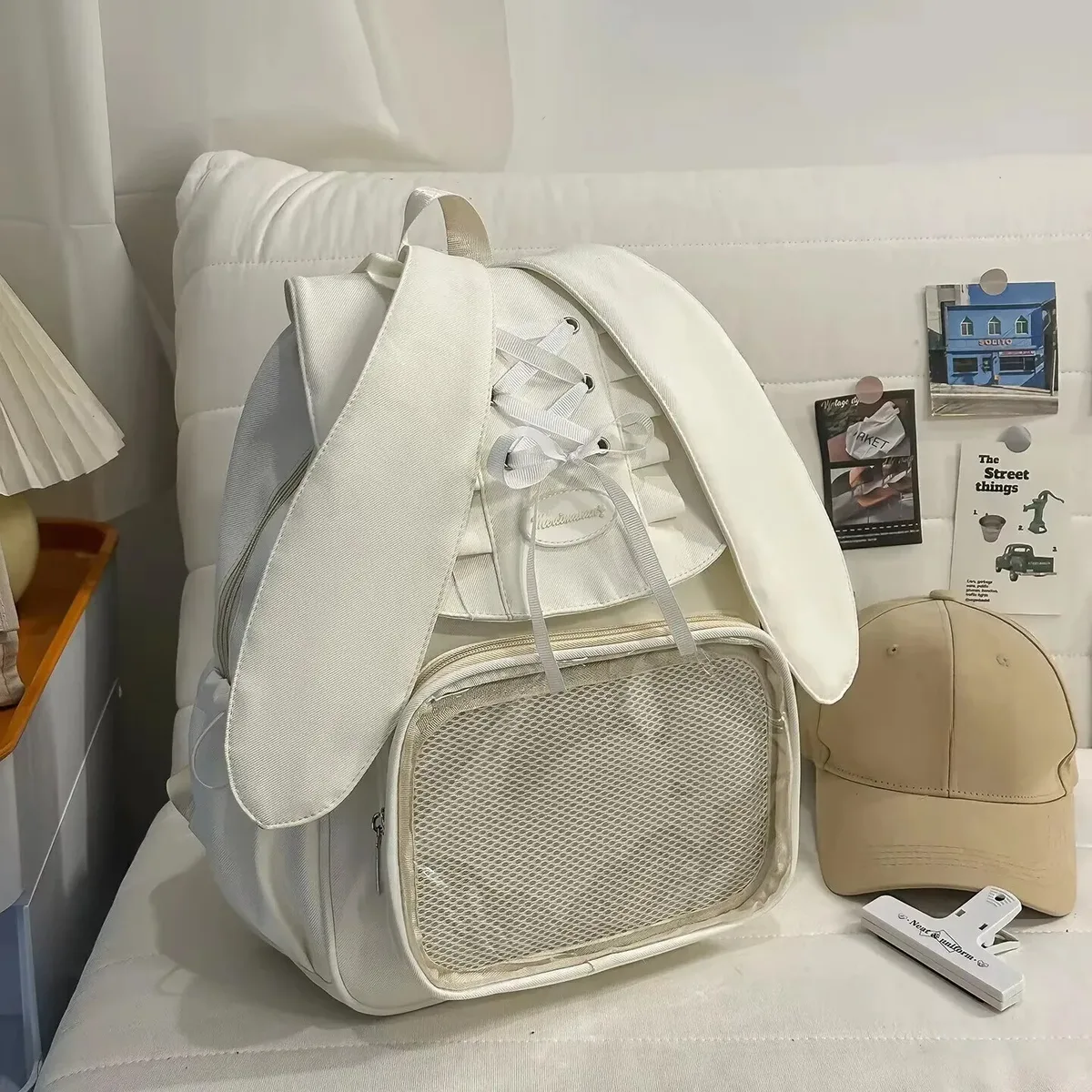 y2k bow oreille de lapin japonais ita sac à dos lolita fille sac transparent mignon haute capacité sac à dos style preppy sac à dos à volants